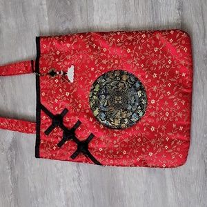 Red Asian Inspired Designed Embroidered Dragons Center Tote Bag By Rampage
